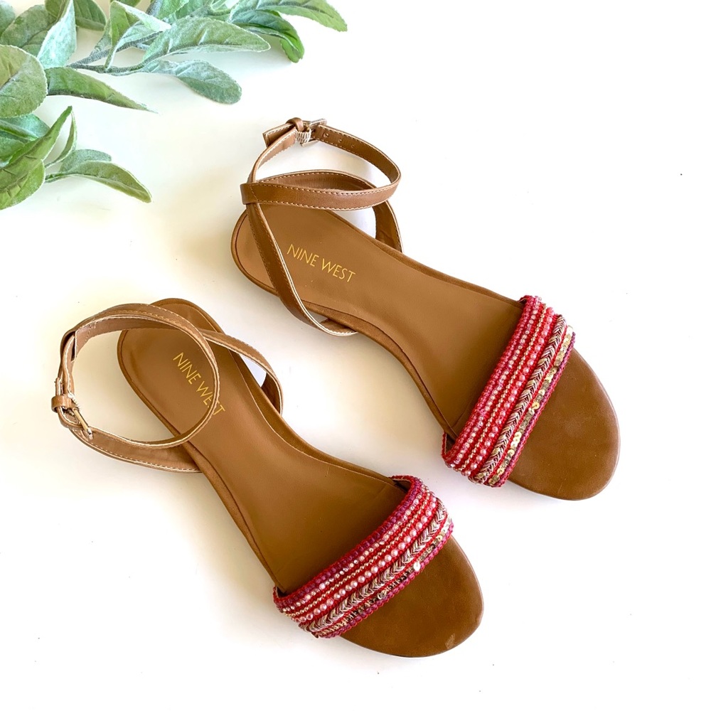 Nine West Leather Red Beaded Flat Sandals